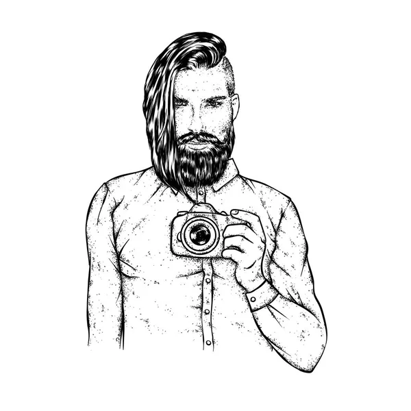 Bir moda saç ve sakal şık bir adam. Gözlük ve bir kamera olan bir adam. Moda ve stil. Hippi. Berber Dükkanı. — Stok Vektör