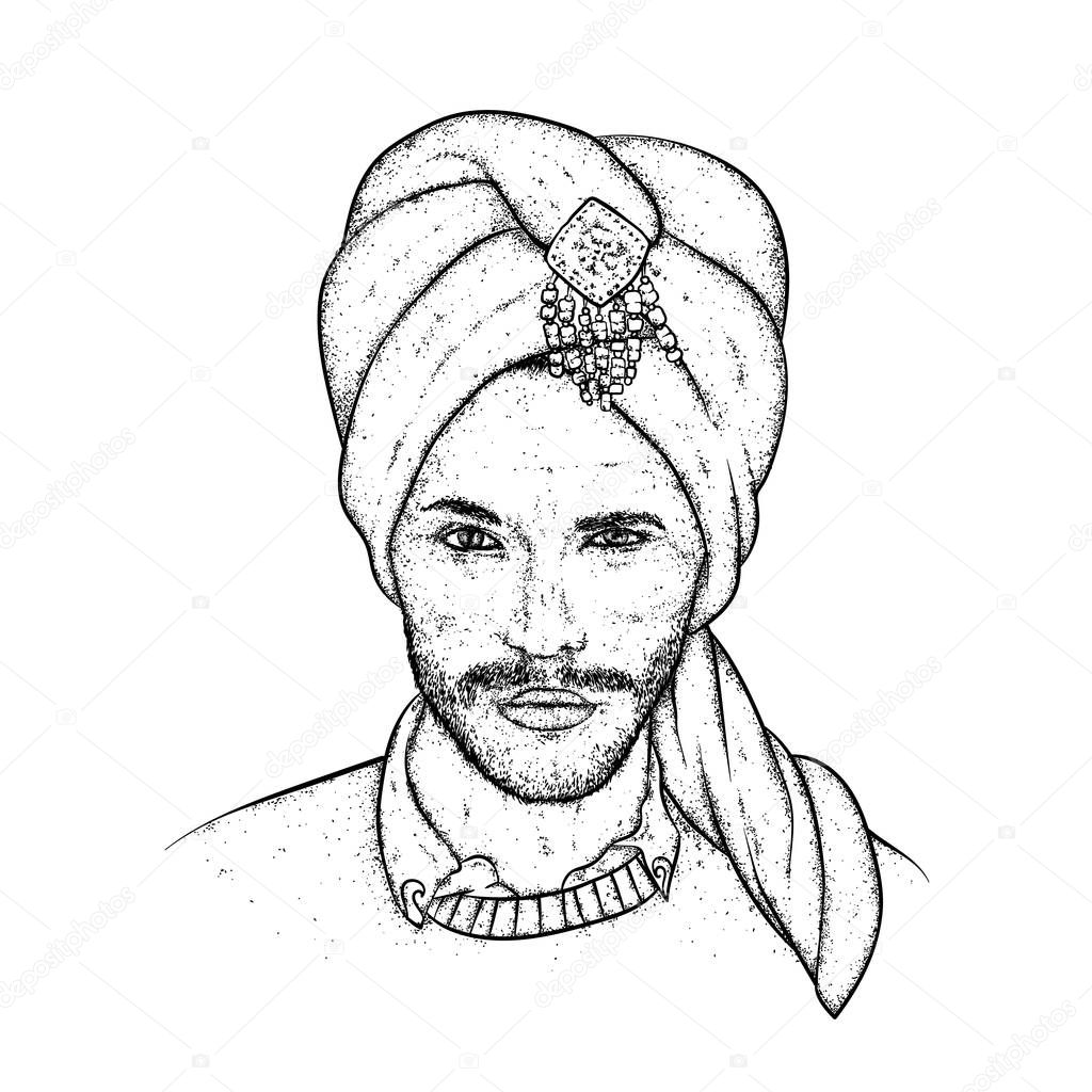 Beautiful sultan in a turban with patterns. Vector illustration. Oriental man. Fashion & Style.