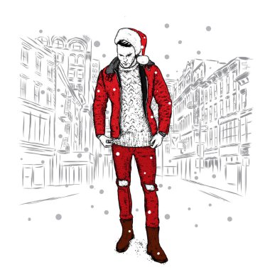 Bir ceket, kot pantolon ve bir Noel şapka şık bir adam. Vektör çizim. Yeni yıl ve Noel. Noel Baba.