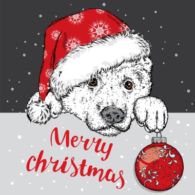Bir Noel şapka ve bir Noel top güzel bir köpek. Vektör çizim için bir kartpostal veya bir poster. Safkan köpek yavrusu. Çoban köpeği veya Alabai. Yeni yıl.