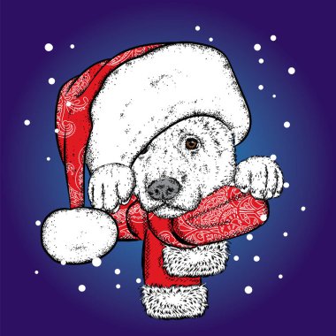 Bir eşarp ve Noel şapkası güzel bir köpek. Vektör çizim için bir kartpostal veya bir poster. Safkan köpek yavrusu. Çoban köpeği veya Alabai. Yeni yıl. Noel Baba.