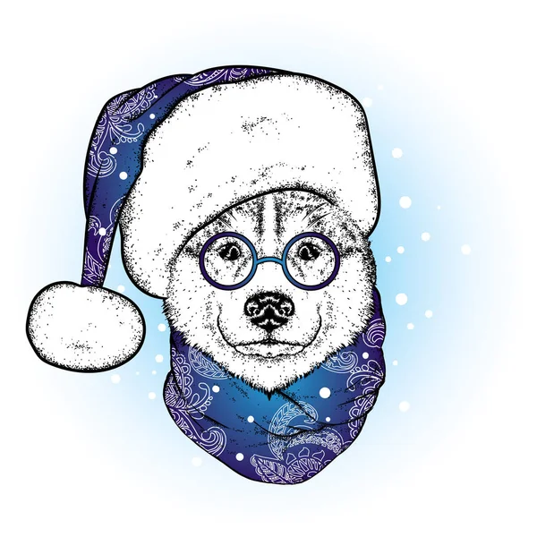 산타의 모자와 스카프에 아름 다운 개. 가지 진 뿔입니다. 벡터 일러스트입니다. 옷과 액세서리에서 순종 강아지입니다. 거친 또는 늑대. 새 해 그리고 크리스마스입니다. 산타 클로스. — 스톡 벡터