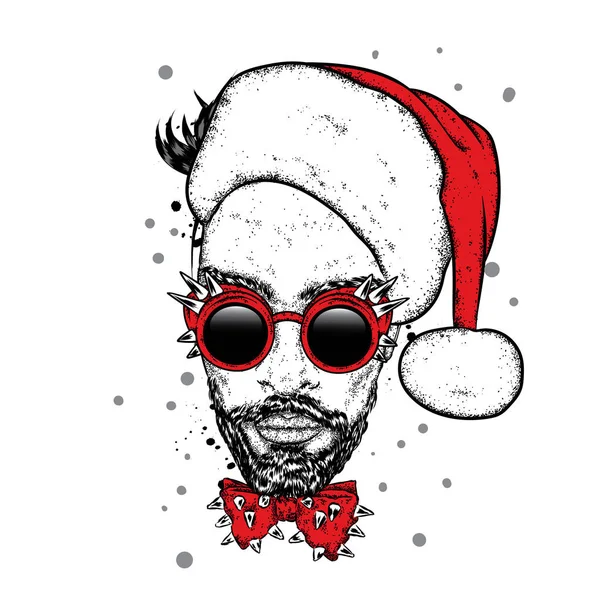 Un tipo elegante con gafas con pinchos y un sombrero de Navidad. Ilustración vectorial. Año Nuevo y Navidad. Papá Noel . — Vector de stock