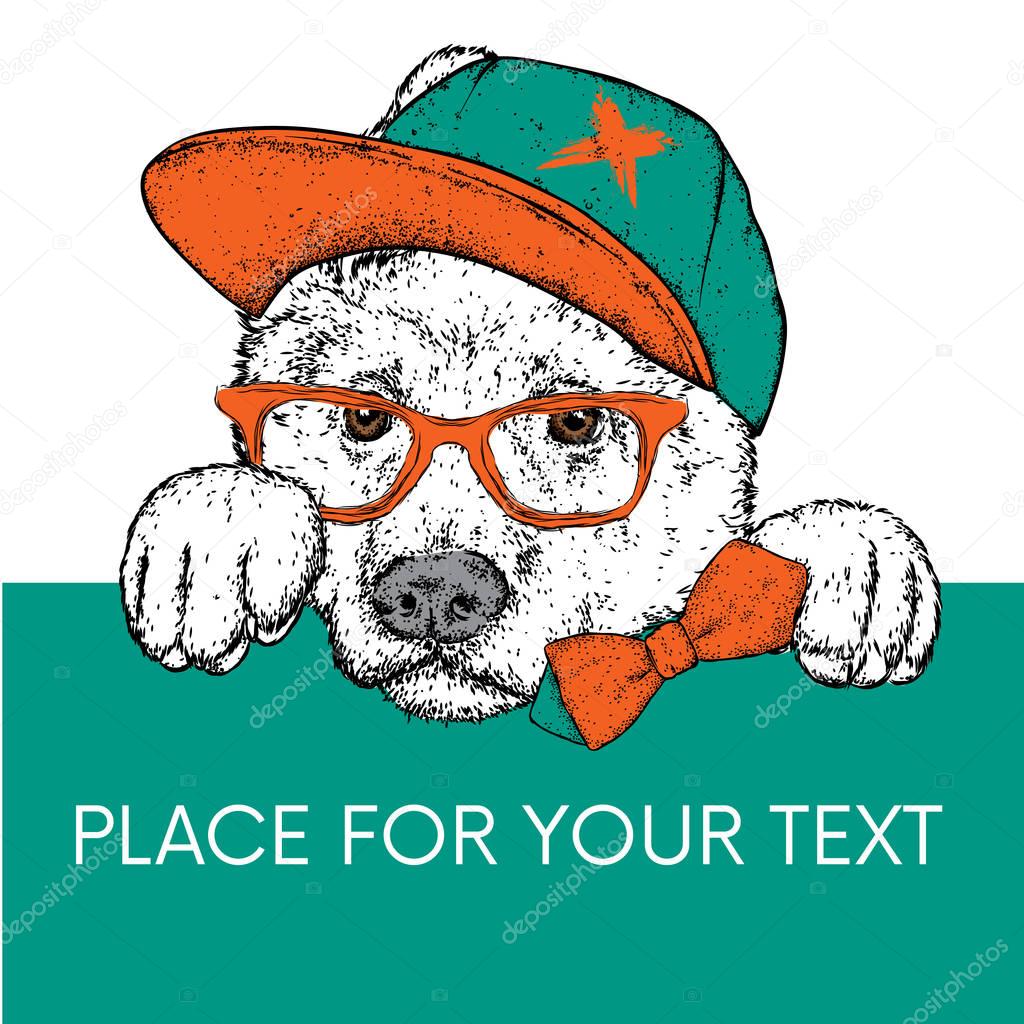 A beautiful dog in a cap, glasses and a tie. Vector illustration for a postcard or a poster, print for clothes. Purebred puppy. Alabai or the Shepherd.