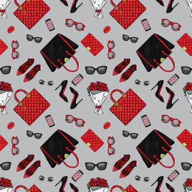 Şık Bayan aksesuarlar kümesi. Bir kartı veya poster için vektör çizim. Kıyafetlere yazdırın. Moda ve stil. Arka plan.