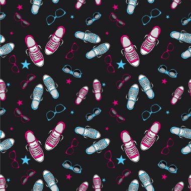 Spor ayakkabı, gözlük şık arka plan. Vektör çizim. Ayakkabı, giysi ve aksesuarları. Moda ve stil.