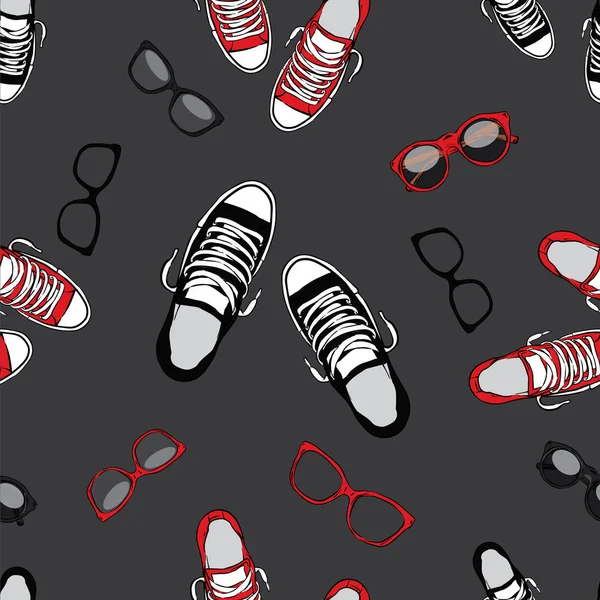 Fond élégant de baskets et de lunettes. Illustration vectorielle. Chaussures, vêtements et accessoires. Mode & Style . — Image vectorielle