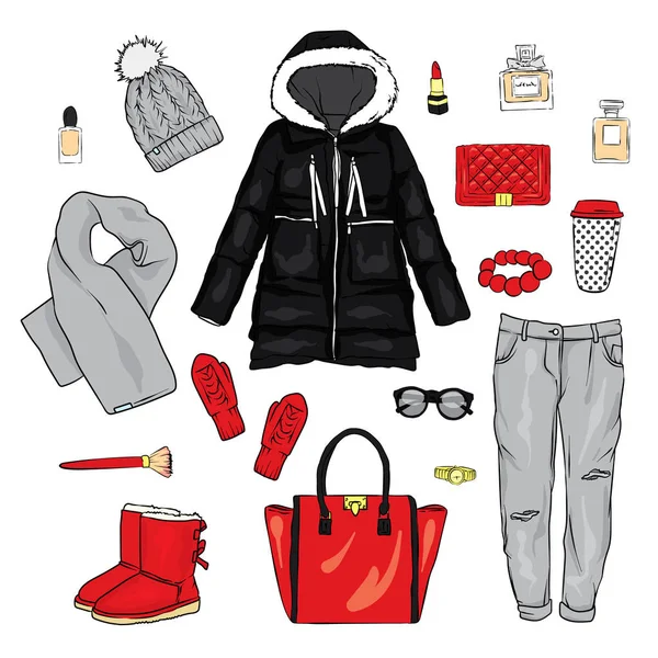 Selección de ropa de mujer de invierno. Chaqueta, abrigo, zapatos, bolso, perfume, cosméticos y otros accesorios. Un juego de pegatinas. Ilustración vectorial para una postal o un póster . — Vector de stock