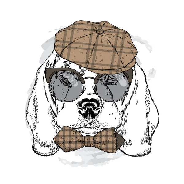 Симпатичный щенок в кепке, солнцезащитных очках и галстуке. Векторная иллюстрация . — стоковый вектор
