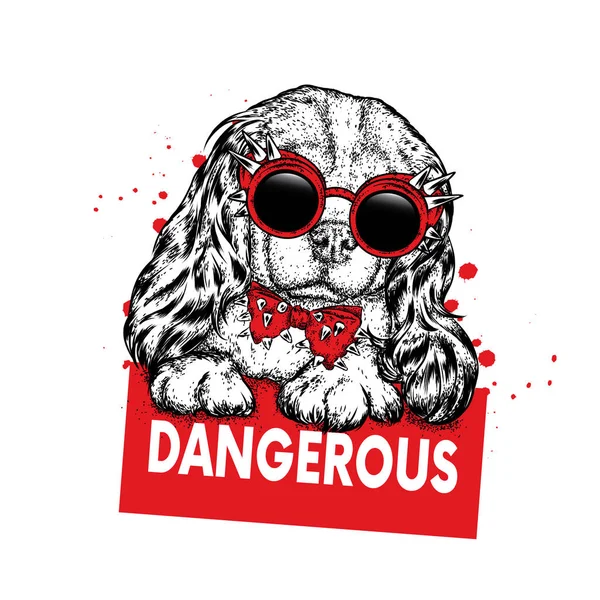 Un lindo cachorro con gafas y una corbata con espinas. Hermoso perro pura sangre. Spaniel. Moda & Estilo . — Vector de stock