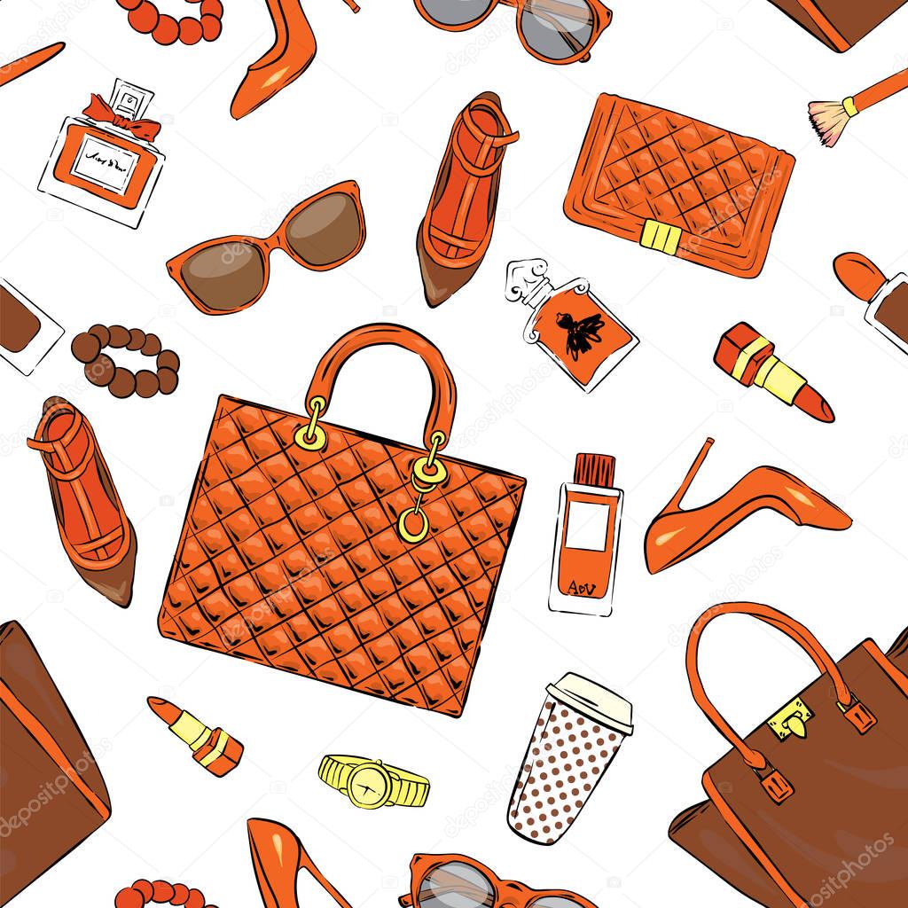 Set of stylish women's accessories. Vector illustration for a card or poster. Print on clothes. Fashion & Style. Background.