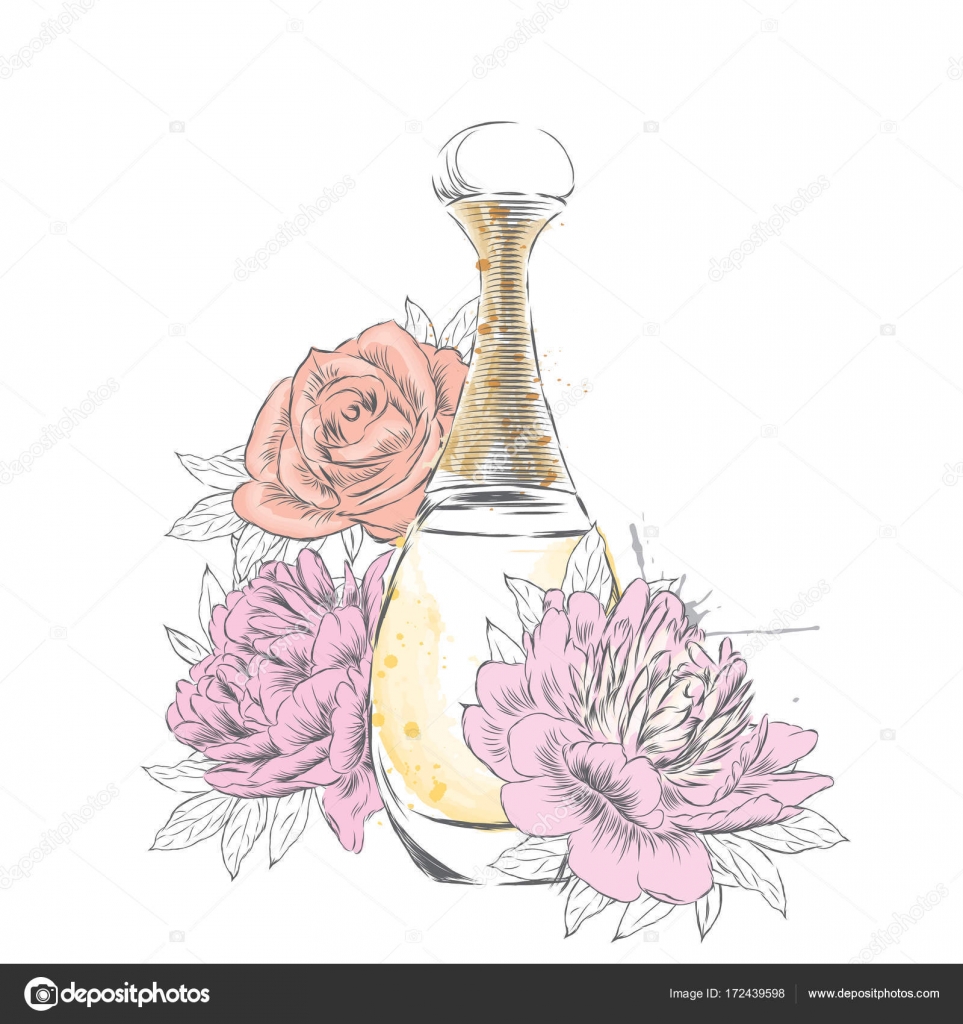 Perfume bottle and bouquet of flowers.Vector drawing. Stock Vector by  ©VitalyGrin 172439598