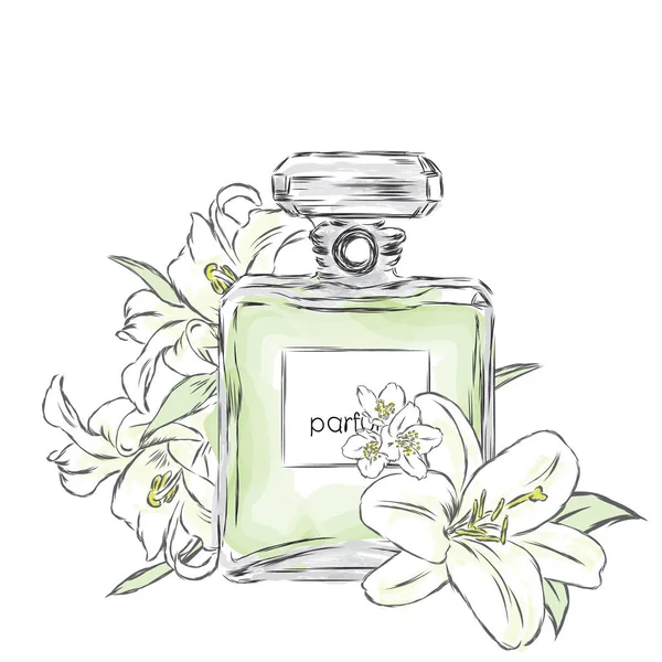 Botella de perfume y ramo de flores.Dibujo vectorial . — Archivo Imágenes Vectoriales