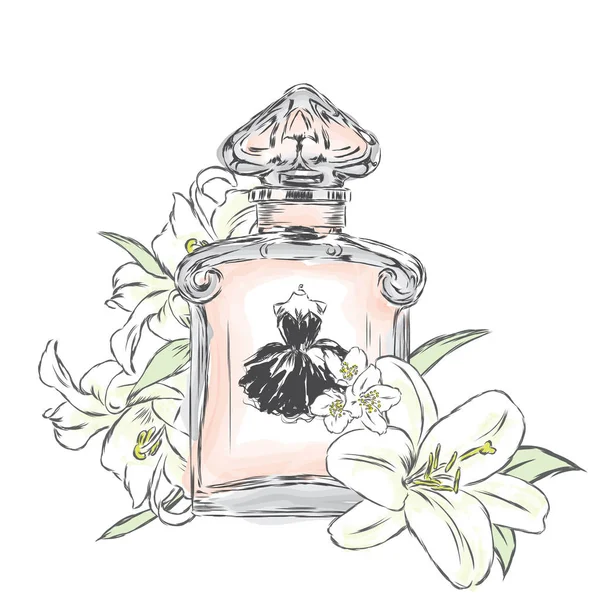 Botella de perfume y ramo de flores.Dibujo vectorial . — Vector de stock