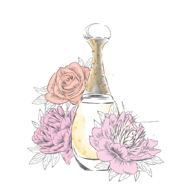 Botella de perfume y ramo de flores.Dibujo vectorial . — Archivo Imágenes Vectoriales