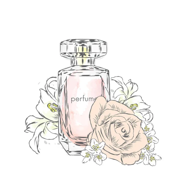 Botella de perfume y ramo de flores.Dibujo vectorial . — Vector de stock