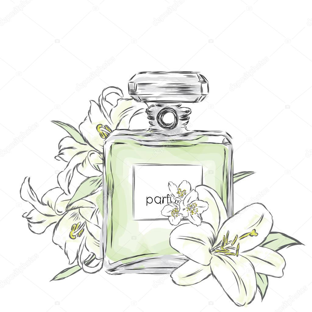 Perfume bottle and bouquet of flowers.Vector drawing. — Stock Vector