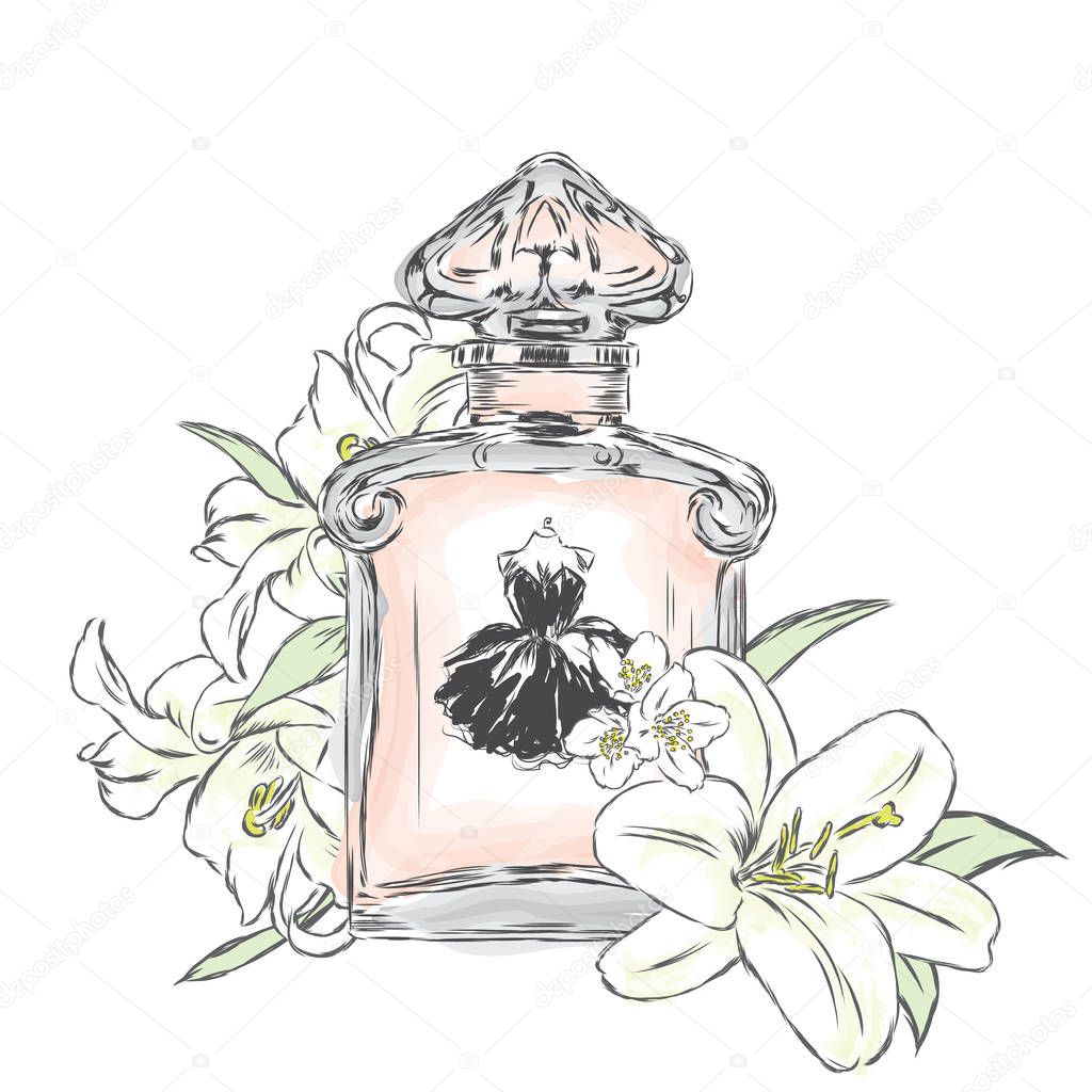 Perfume bottle and bouquet of flowers.Vector drawing.