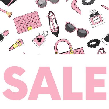 Şık kadın aksesuarları, çanta, Ayakkabı, parfüm ve kozmetik ile güzel bir kartpostal. Vektör çizim. Giysi ve aksesuarları ile hazır tasarım. Moda ve stil. Satılık.