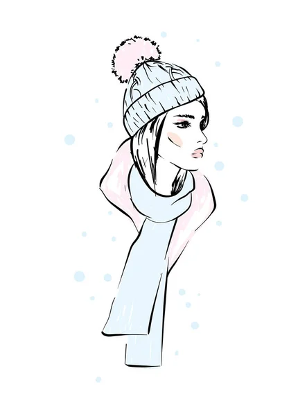 Giovane bella ragazza in cappello di piume. Capodanno e Natale. Moda, stile, abbigliamento e accessori . — Vettoriale Stock