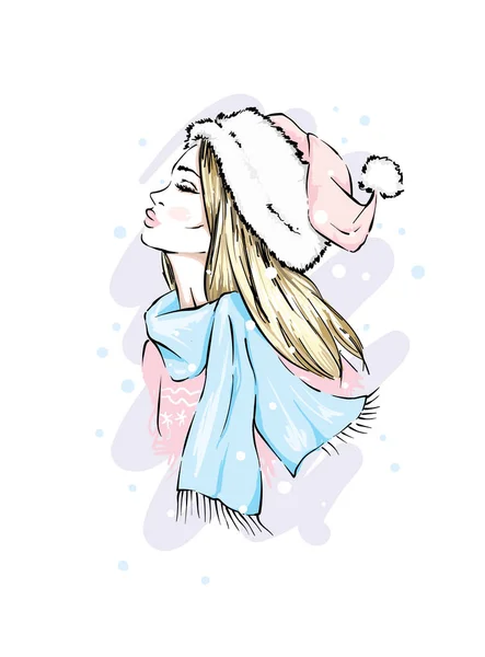 Young beautiful girl in Santa Claus hat. New Year's and Christmas. Fashion, style, clothing and accessories. — Stock Vector