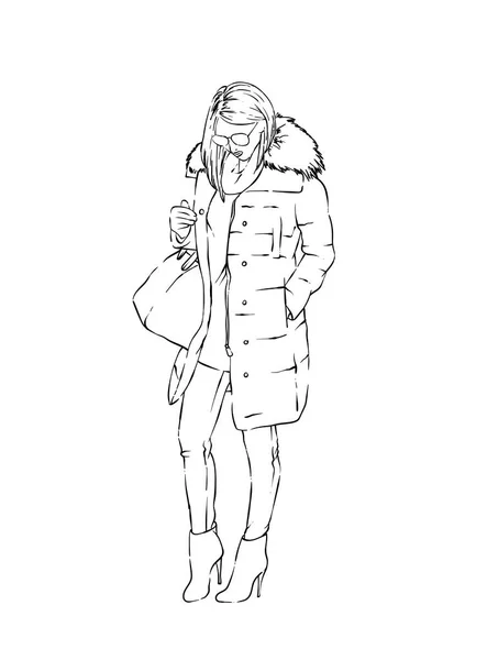 Snygg tjej i en trendig vinterrock, stövlar och en väska. Vektorillustration. Mode skatech. Kläder och accessoarer. — Stock vektor