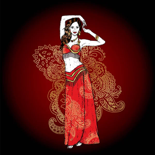 Beautiful Asian Girl Dancing Vector Illustration Belly Dance East — Stock Vector