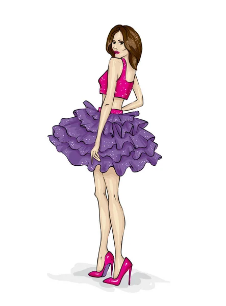 流行の服で 長い脚と美しいスレンダー少女 スカート トップ かかとの高い靴でのモデル ベクトルの図 衣料品 アクセサリー ファッション スタイル — ストックベクタ