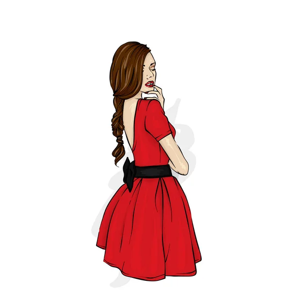 Young Girl Long Hair Beautiful Short Dress Vector Illustration Clothing — Stock Vector