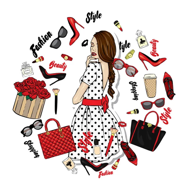 Set Of Trendy Women's Clothes With Skirt, Top And Accessories. Vector  Illustration Royalty Free SVG, Cliparts, Vectors, and Stock Illustration.  Image 52772375.