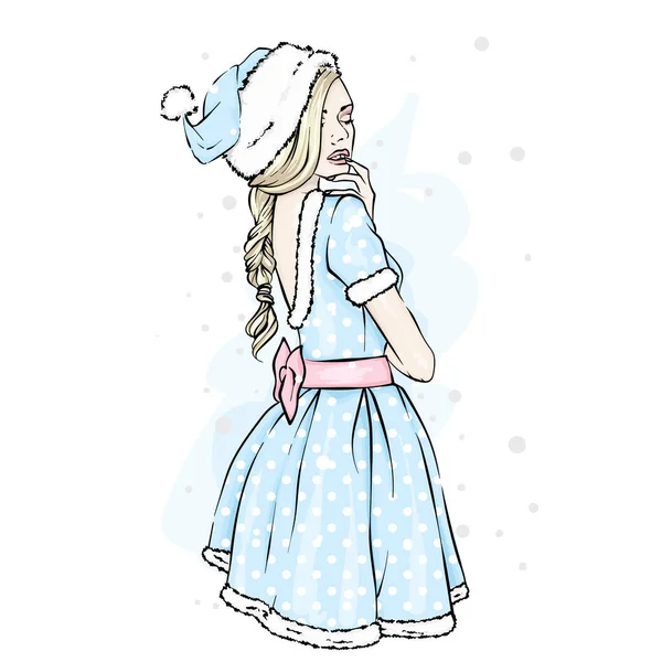 Menina Bonita Vestido Papai Noel Chapéu Ilustração Vetorial Para Cartão —  Vetores de Stock