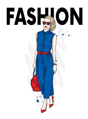 Şık takım elbise, Ayakkabı, gözlük ve bir çanta ile güzel kız. Moda kıyafetler ve aksesuarlar. Moda ve stil. Vektör çizim için bir kartpostal veya bir poster. Kadın pantolon.