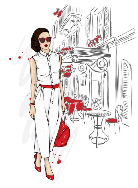 Hermosa Chica Traje Elegante Zapatos Gafas Con Una Bolsa Ropa — Vector de stock