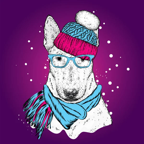 Beautiful Bull Terrier Hat Winter Scarf New Year Christmas Pedigree — Stock Vector