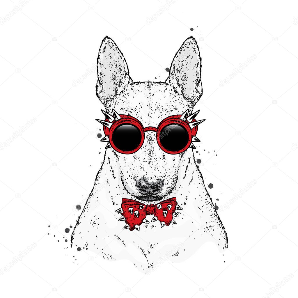 A beautiful bull terrier with glasses and a tie with thorns. Fashion & Style. Clothes and accessories. Vector illustration for greeting card or print on clothes. Pedigree dog. The animal is a hipster.