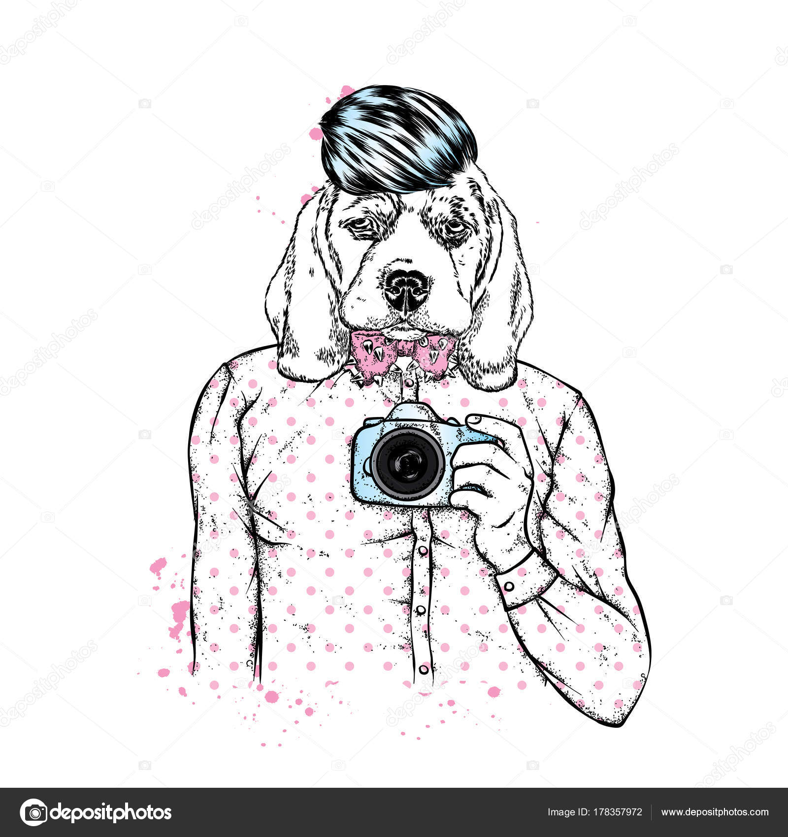 犬の頭を持つ男 犬がスタイリッシュな シャツ おしゃれなヘアスタイルと