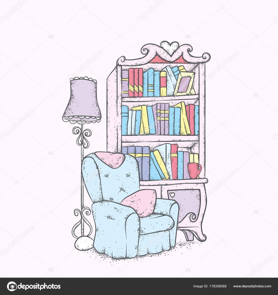 Cozy Room Armchair Bookcase Floor Lamp Vector Illustration Stock