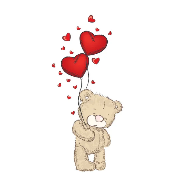Χαριτωμένο Αρκουδάκι Και Μπάλες Σχήμα Καρδιάς Εικονογράφηση Διάνυσμα Για Μια — Διανυσματικό Αρχείο