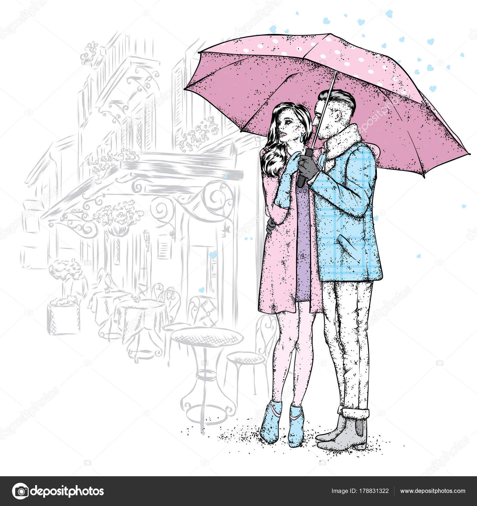 Loving Couple Umbrella Beautiful Guy Girl Fashionable