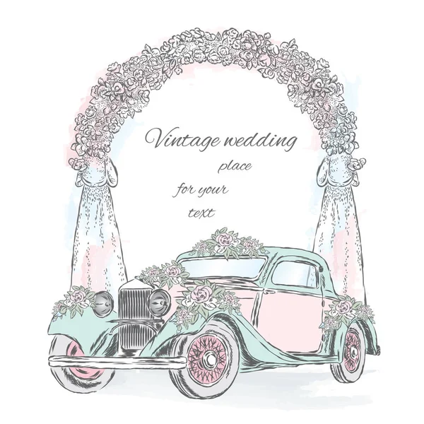 Свадебный Автомобиль Украшенный Цветами Фоне Свадебной Арки Векторная Иллюстрация Открытки — стоковый вектор