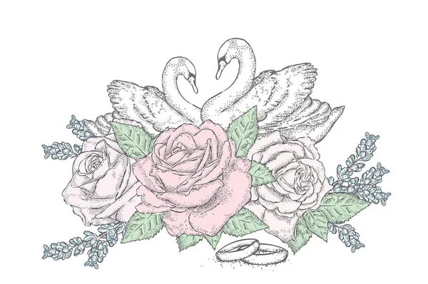 Schöne Schwäne Rosen Und Trauringe Hochzeit Vektorillustration Für Eine Postkarte — Stockvektor