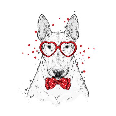 Sevimli köpek Kalpler, gözlük ve bir kravat. Vektör çizim bir kartpostal veya poster, giysiler için yazdırma için. Sevgililer günü, sevgi ve dostluk. Safkan köpek giysi ve aksesuarlar.