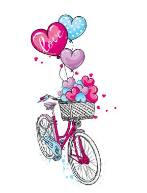 Bir bisiklet ile kalpleri ve balon bir kalp şeklinde bir sepet. Sevgililer günü ve aşk. Vektör çizim bir kartpostal veya poster için.