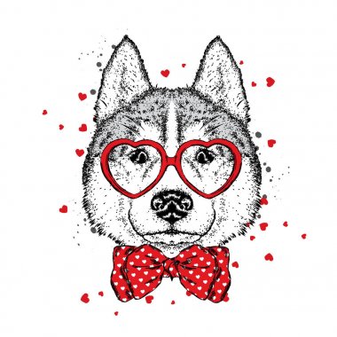 Sevimli köpek Kalpler, gözlük ve bir kravat. Vektör çizim bir kartpostal veya poster, giysiler için yazdırma için. Sevgililer günü, sevgi ve dostluk. Safkan köpek giysi ve aksesuarlar.