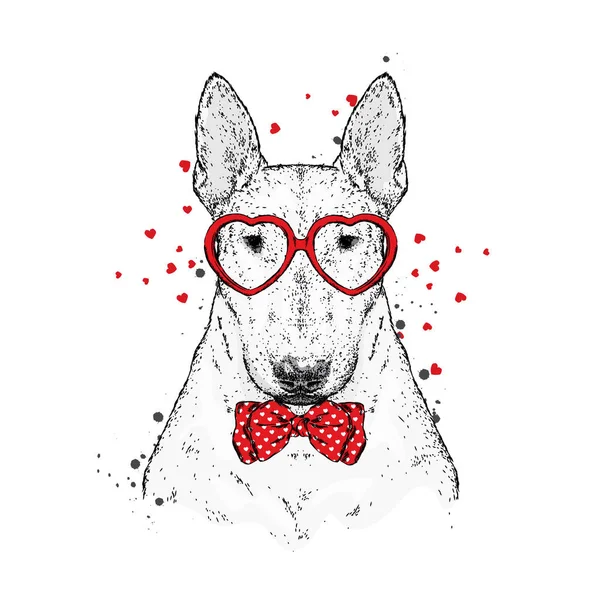 可爱的狗与心脏 眼镜和领带 矢量插图为明信片或海报 打印的衣服 情人节 爱情和友情 在衣服和配件的纯种小狗 — 图库矢量图片