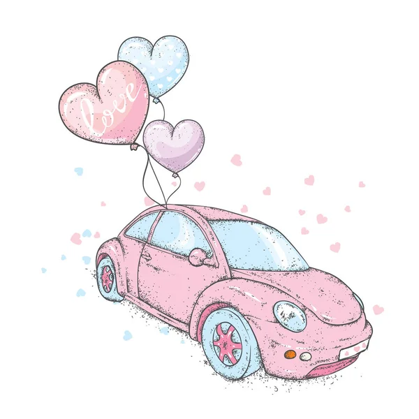 Une Petite Voiture Féminine Avec Des Boules Forme Cœur Illustration — Image vectorielle