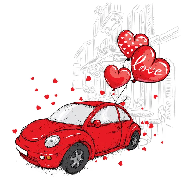 一辆小女子车 里面有一颗心形的球 明信片或海报的矢量插图 情人节 爱与友情 — 图库矢量图片