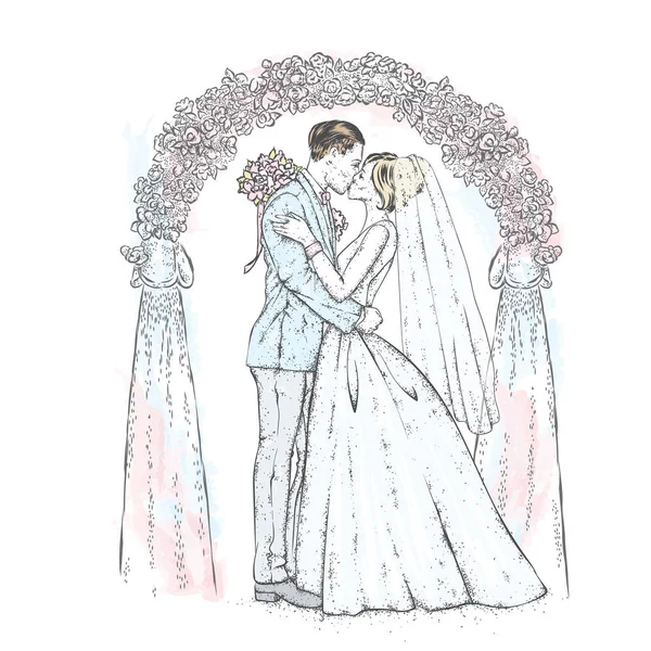 スーツで花嫁と花のアーチと結婚式の車の近くのウェディング ドレスの花嫁薔薇をあしらった ポストカードやポスターのベクトル図です 愛と結婚式 — ストックベクタ