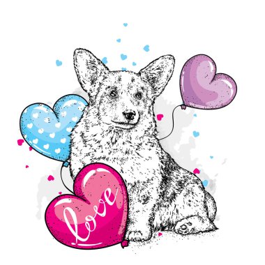 Sevimli köpek Kalpler, gözlük ve bir kravat. Vektör çizim bir kartpostal veya poster, giysiler için yazdırma için. Sevgililer günü, sevgi ve dostluk. Safkan köpek giysi ve aksesuarlar.