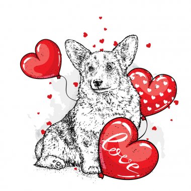 Sevimli köpek Kalpler, gözlük ve bir kravat. Vektör çizim bir kartpostal veya poster, giysiler için yazdırma için. Sevgililer günü, sevgi ve dostluk. Safkan köpek giysi ve aksesuarlar.